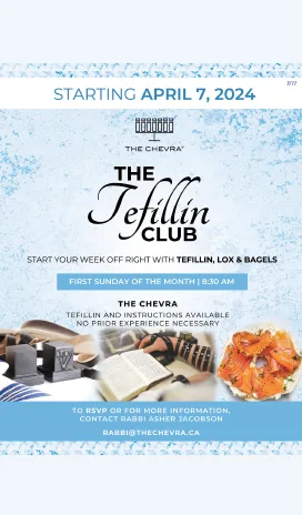 Poster: The Tefillin Club, starting April 7, 2024, first Sunday of the month with lox and bagels