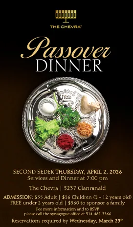 Poster: Passover dinner, second Seder Thursday, April 2, 2026, with a silver Seder plate