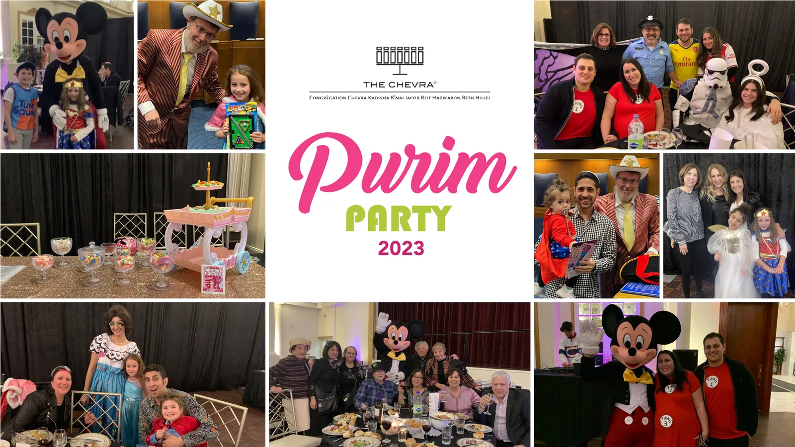 Poster: Purim Party 2023 photo collage of children and adults in costumes, with costumed characters