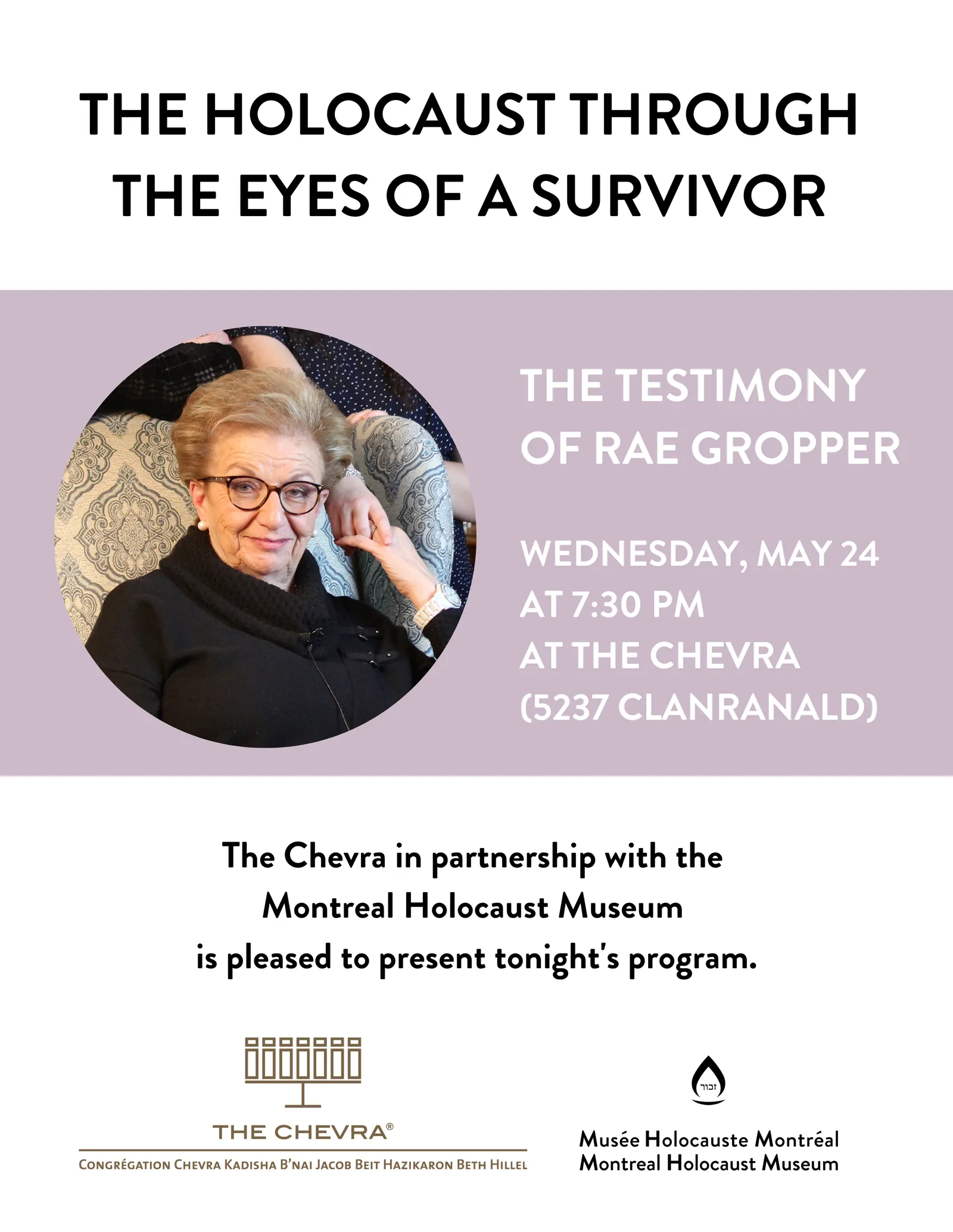 Poster: The Holocaust through the eyes of a survivor, Wednesday, May 24 at 7:30 pm