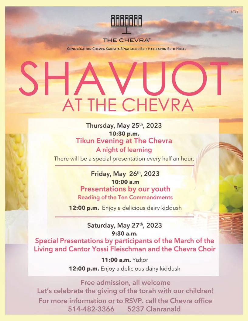 Poster: Shavuot at The Chevra, May 25 to 27, 2023, with a night of learning and dairy kiddush