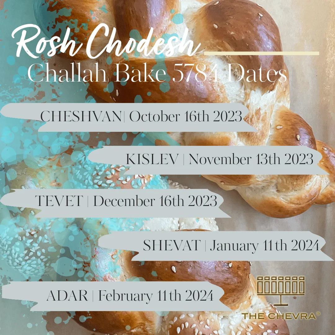 Poster: Rosh Chodesh challah bake 5784 dates, from Cheshvan to Adar, over braided challah