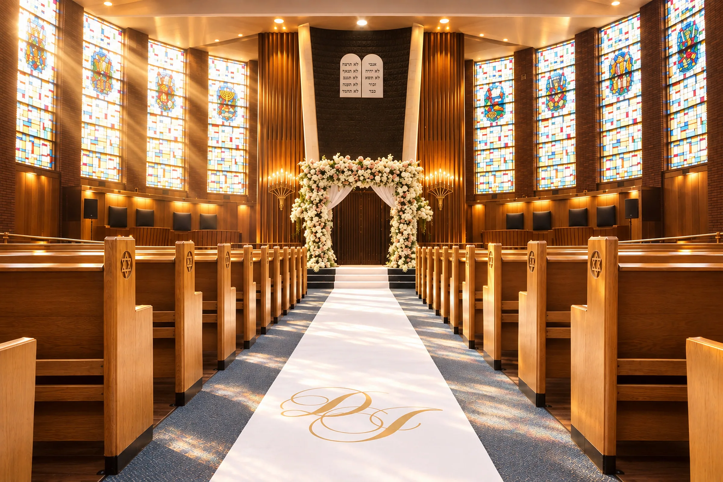 The sanctuary set for a wedding: a white aisle runner between the wooden pews leads to a chuppah covered in white and blush flowers, under the tablets of the Ten Commandments, with stained-glass windows on both sides.