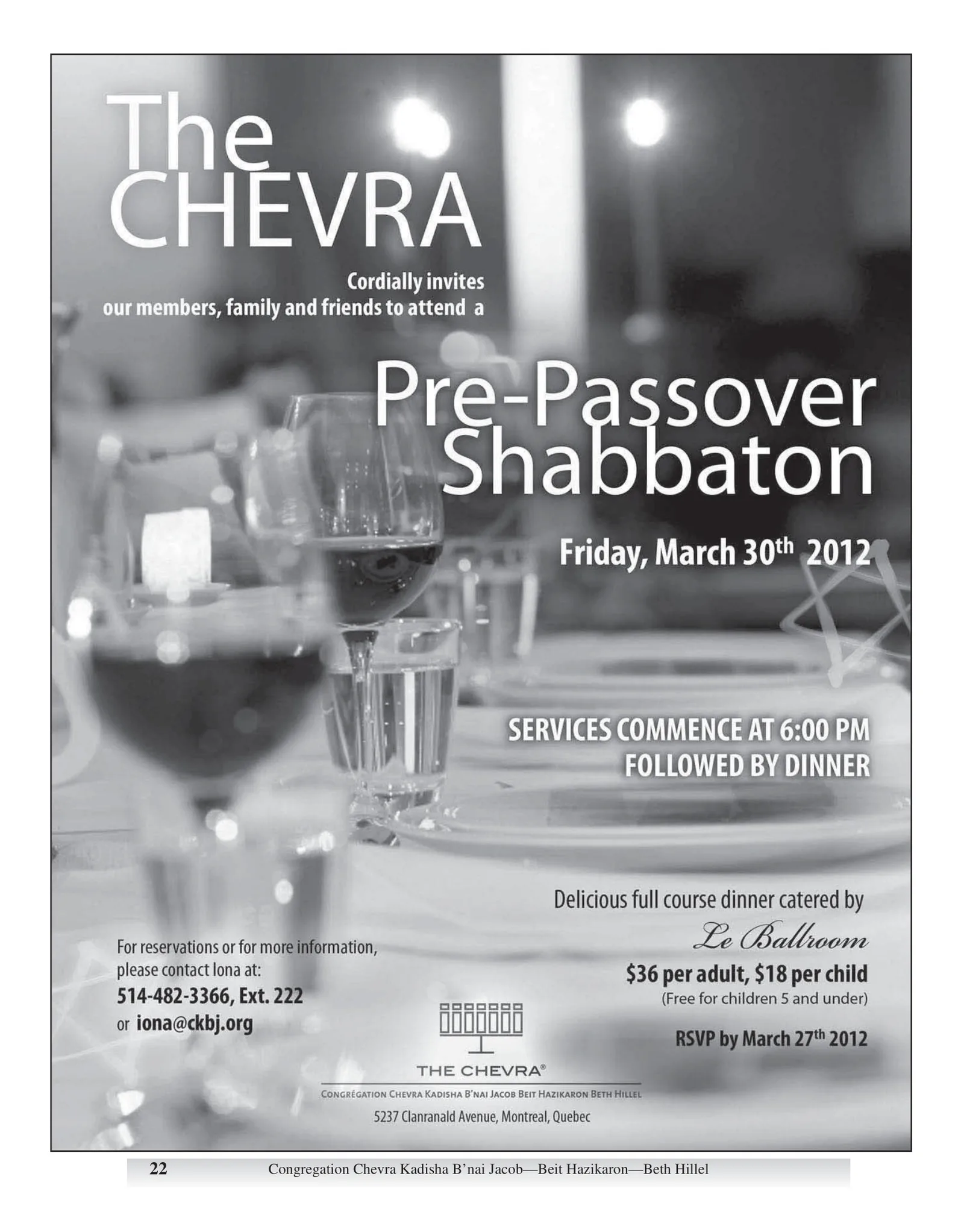 Black and white flyer: The Chevra Pre-Passover Shabbaton, Friday, March 30th 2012, over a photo of a set dinner table