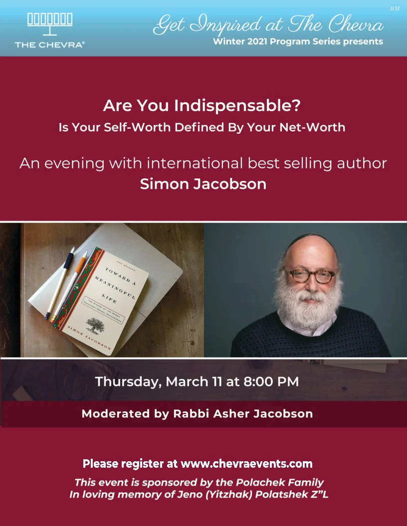 The shul's flyer for the evening with Simon Jacobson, with his portrait and his book 'Toward a Meaningful Life'