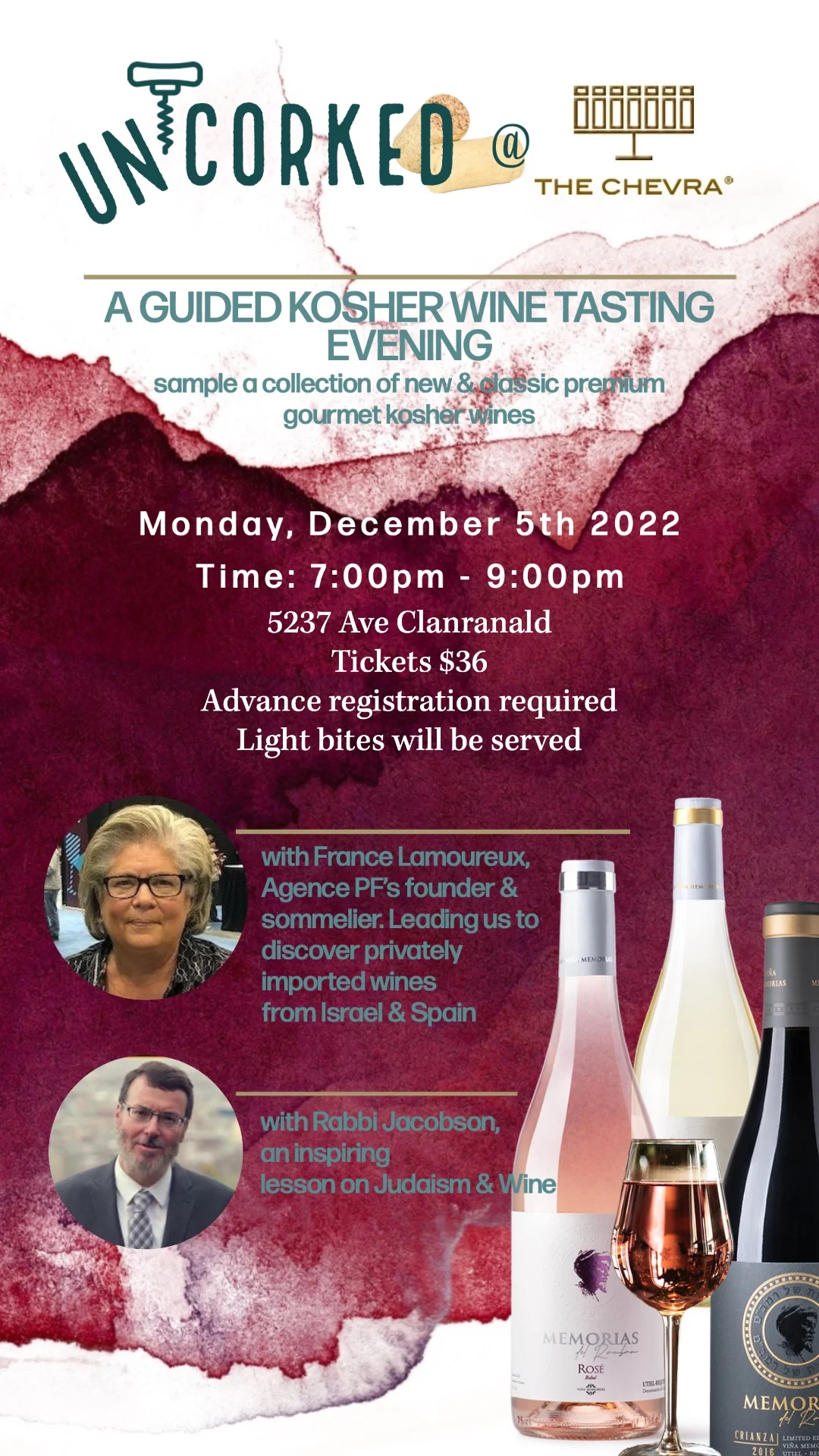 The shul's flyer for Uncorked at The Chevra, a guided kosher wine tasting evening, Monday December 5th 2022, with wine bottles and small portraits of the two presenters
