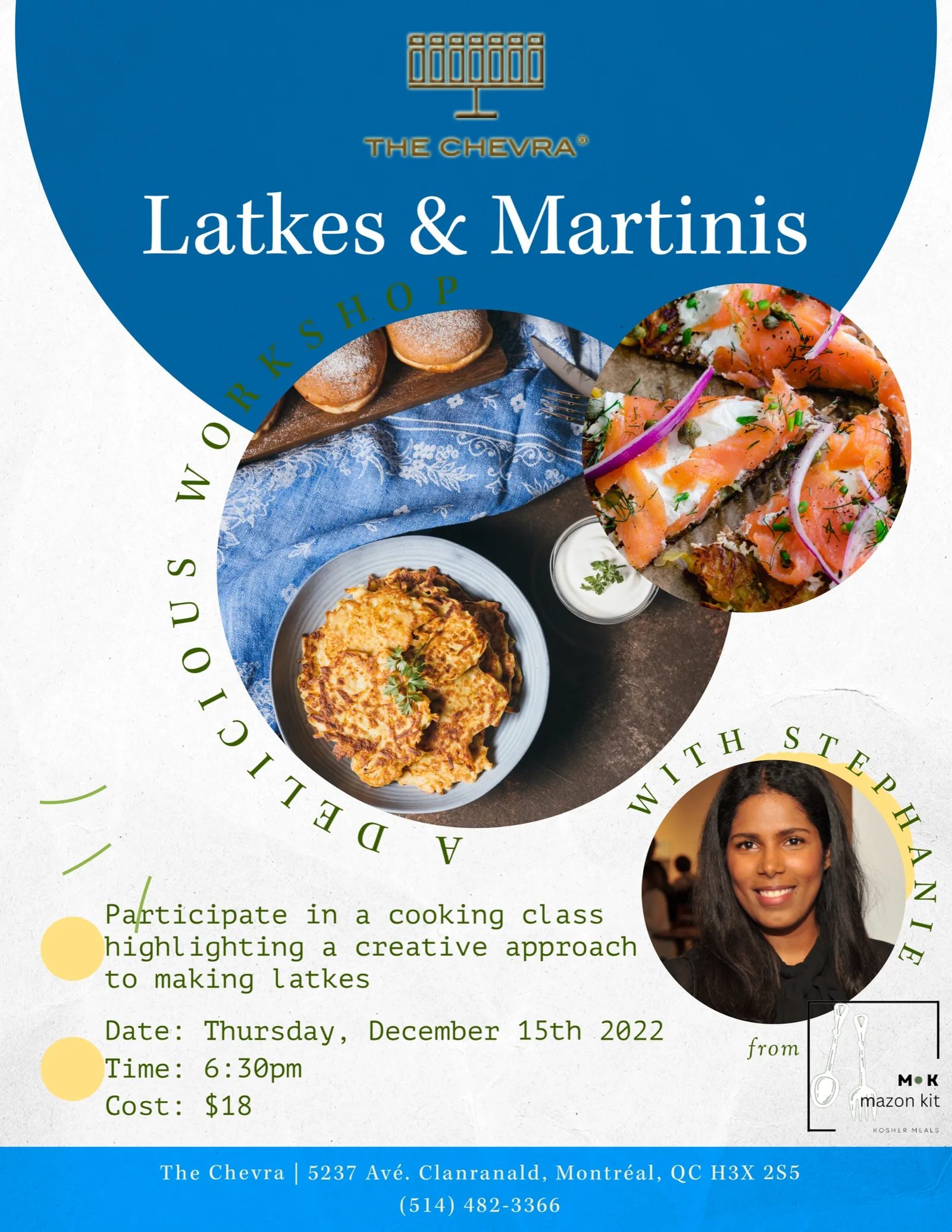 The shul's flyer for Latkes and Martinis, a cooking workshop with Stephanie, Thursday December 15th 2022, with photographs of latkes