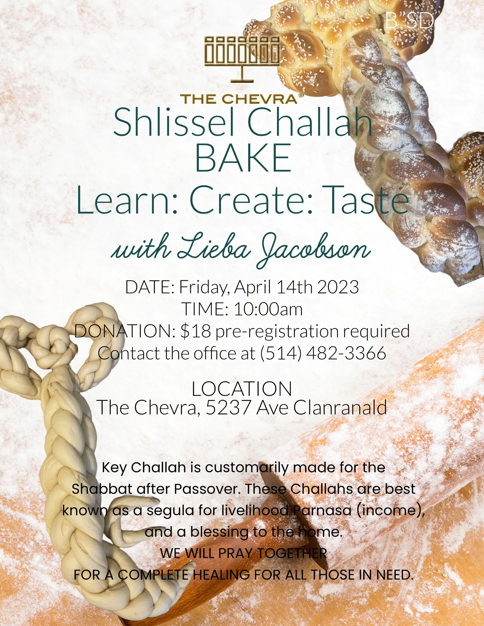 The shul's flyer for a Shlissel Challah Bake with Lieba Jacobson, Friday April 14th 2023, with braided and key-shaped challah