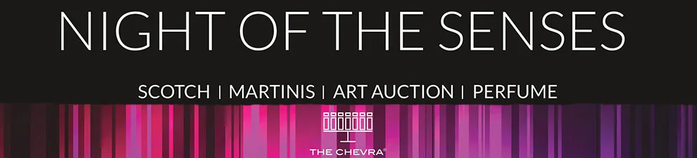“Night of the Senses: scotch, martinis, art auction, perfume”, the shul’s banner