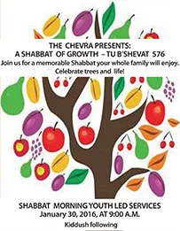 Flyer for A Shabbat of Growth, Tu B’Shevat 2016, with a tree full of fruit