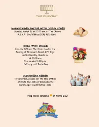 Flyer for Hamantashen baking and Purim with Chesed, March 2016