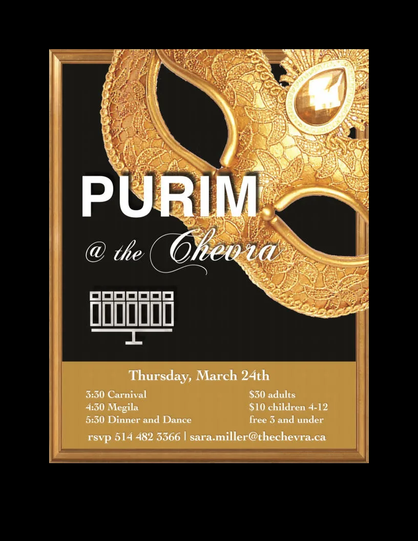 Flyer for Purim at The Chevra, 24 March 2016, with a gold mask