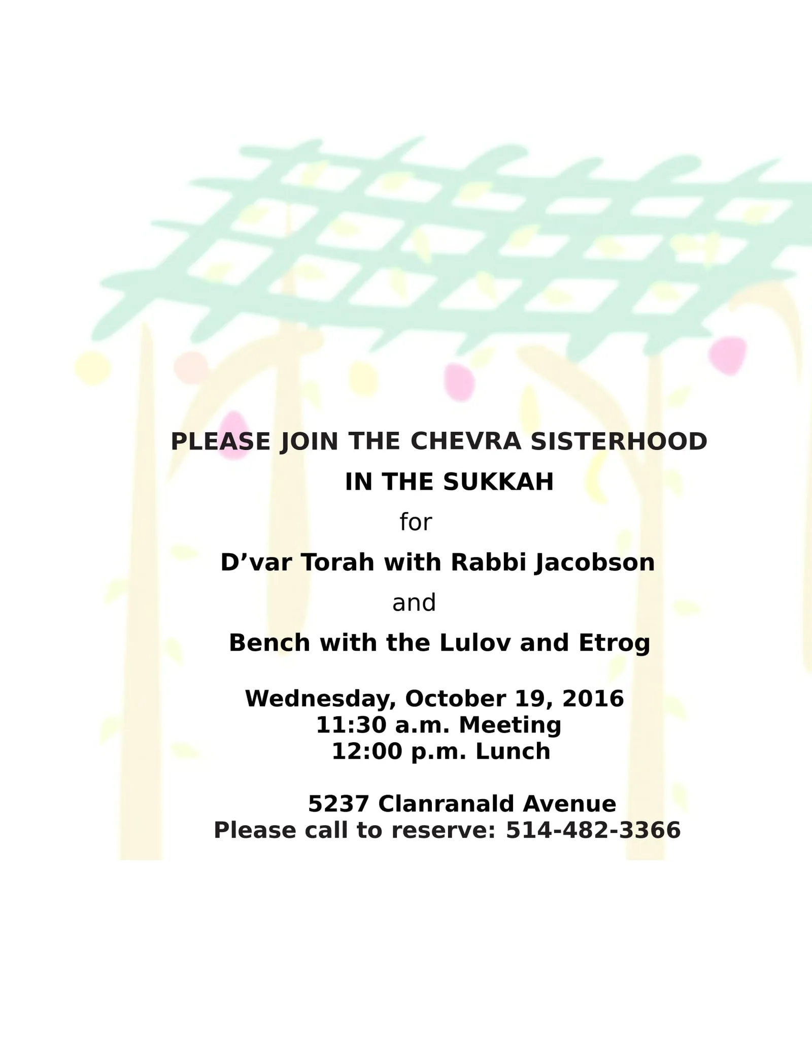 Flyer for the Chevra Sisterhood in the Sukkah, 19 October 2016