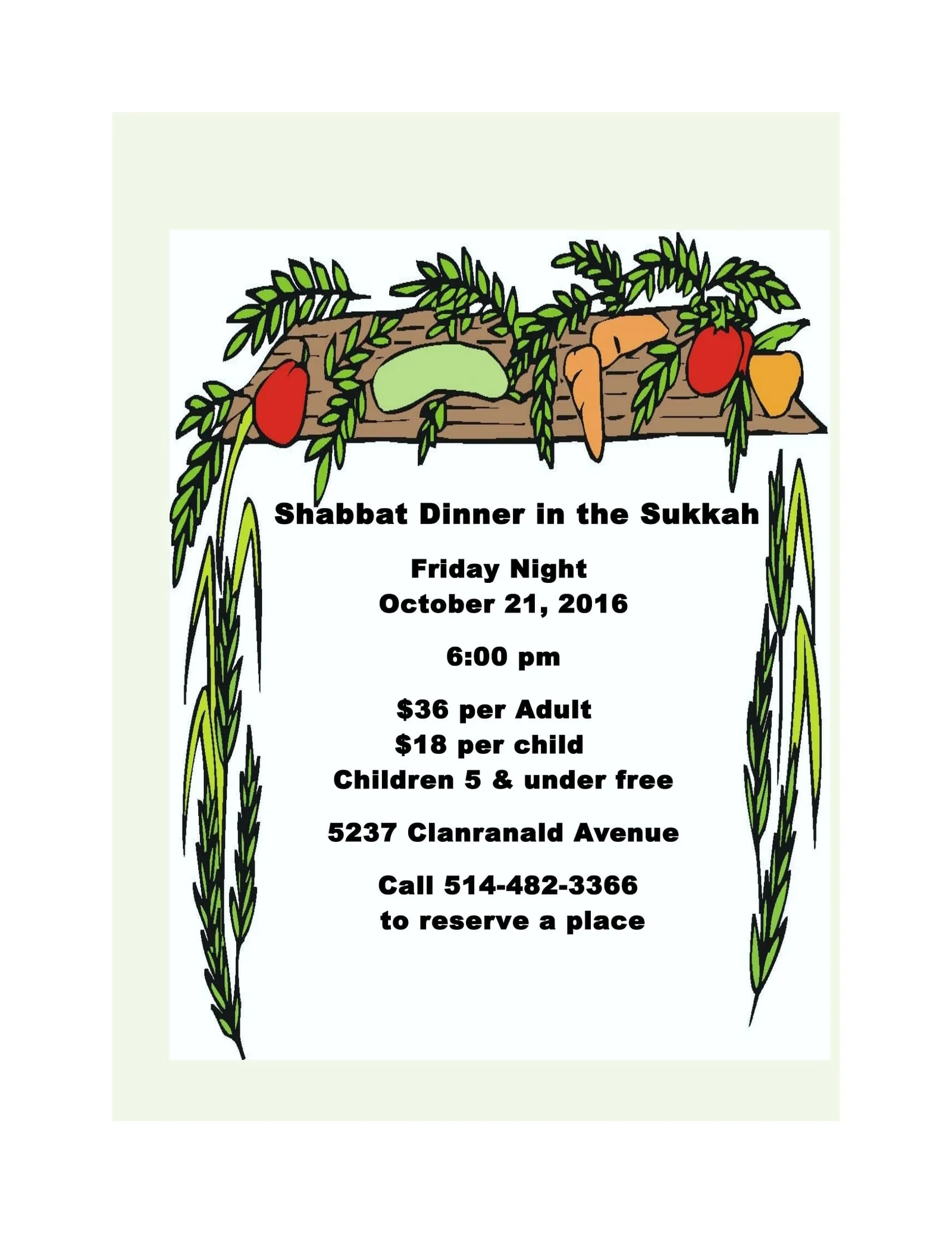 Flyer for Shabbat Dinner in the Sukkah, 21 October 2016, framed with fruit and greenery