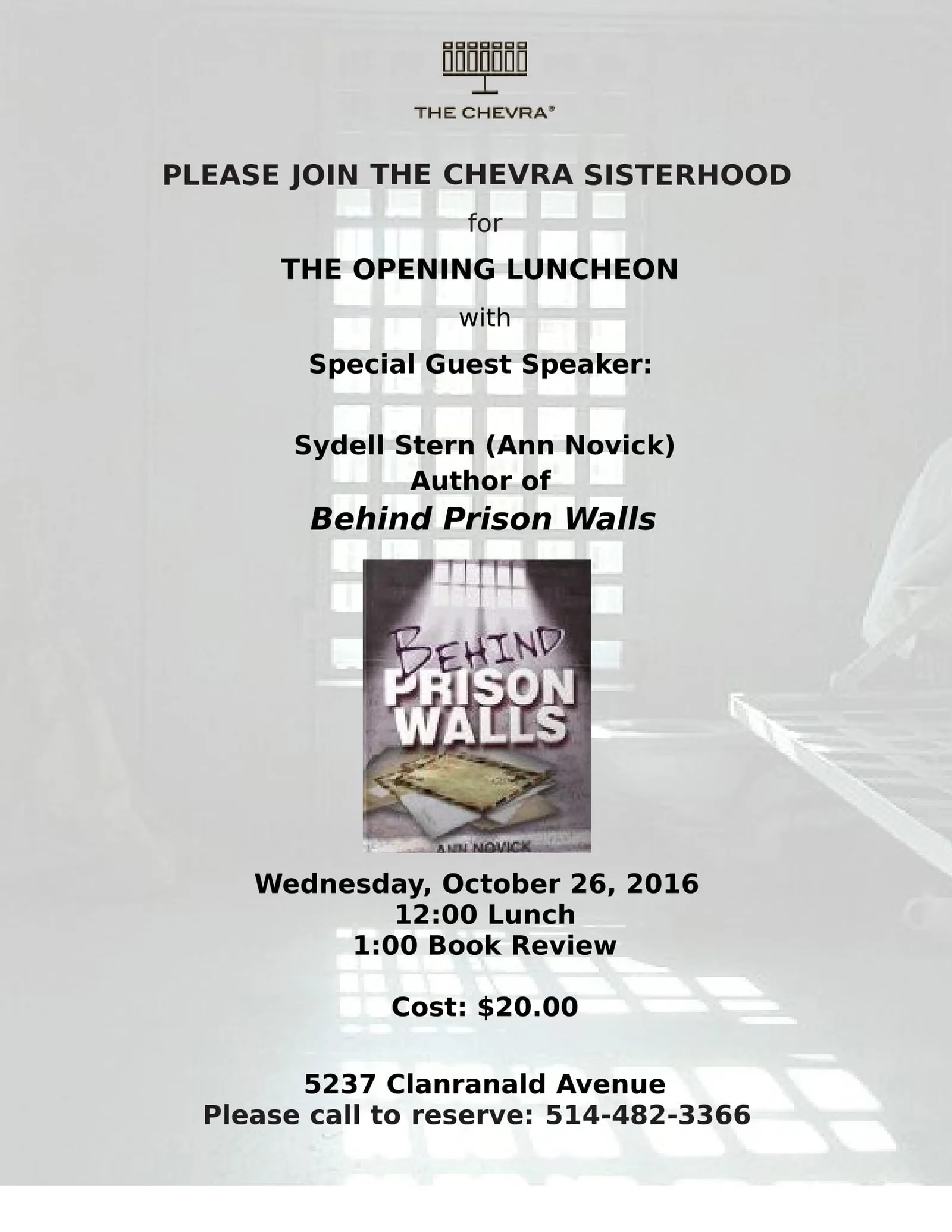Flyer for the Sisterhood Opening Luncheon, 26 October 2016, with the book Behind Prison Walls