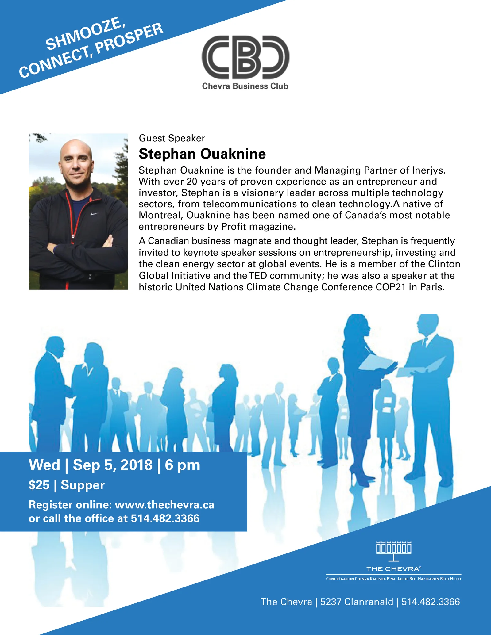 Flyer for the Chevra Business Club, 5 September 2018, with guest speaker Stephan Ouaknine