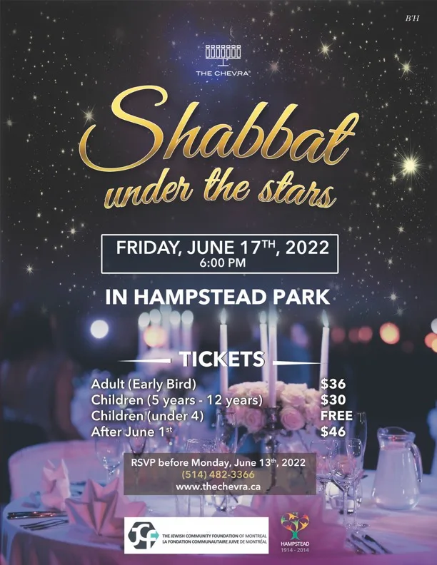 Poster for Shabbat Under the Stars, Friday, June 17, 2022, in Hampstead Park
